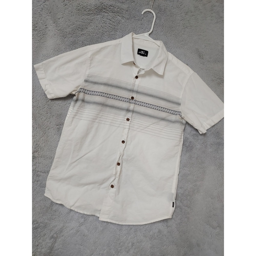 Oneill Shirt Mens Small Short Sleeve Button Up Striped White Surfer Beach Cotton